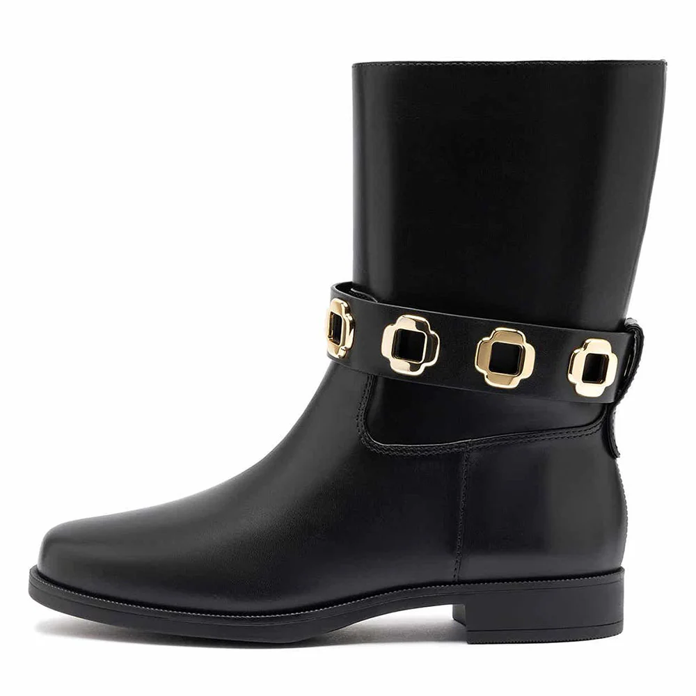 Classic Black Vegan Leather Hardware Decor Flat Booties for Women