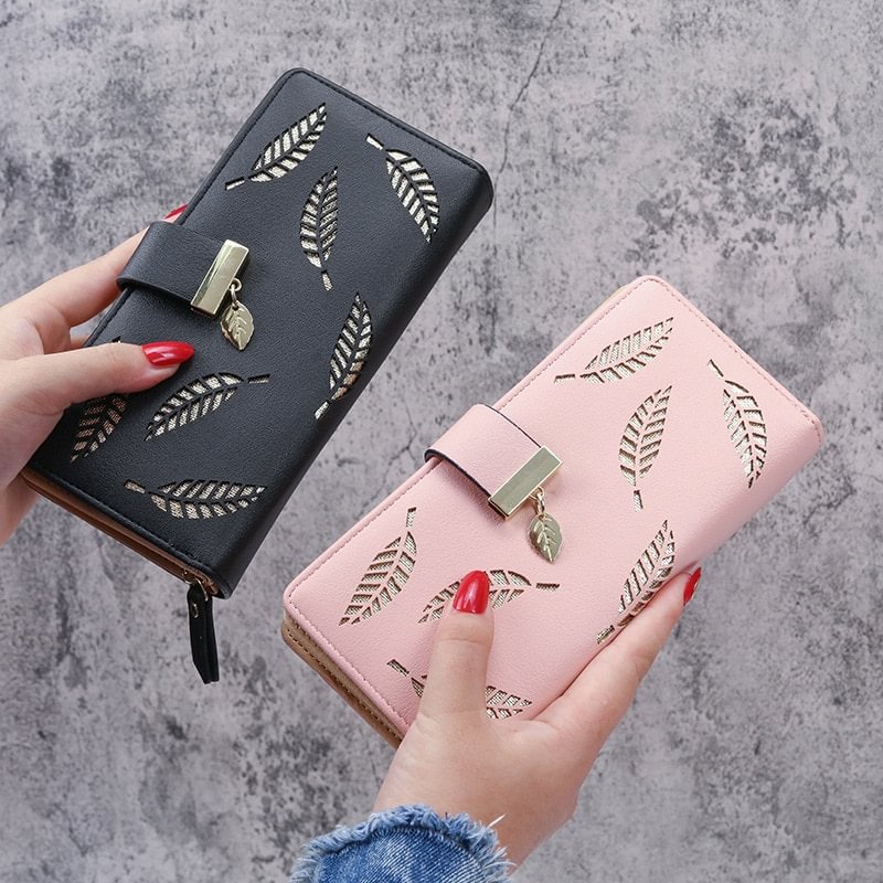 Women Wallet PU Leather Purse Female Long Wallet Gold Hollow Leaves Pouch Handbag for Women Coin Purse Card Holders Clutch US Mall Lifes