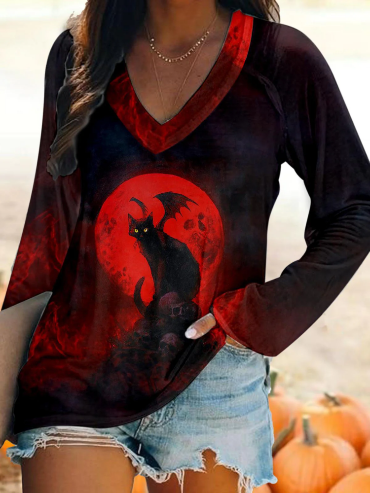 VChics Red Moon Demon Cat Print V-Neck Long Sleeve Top
