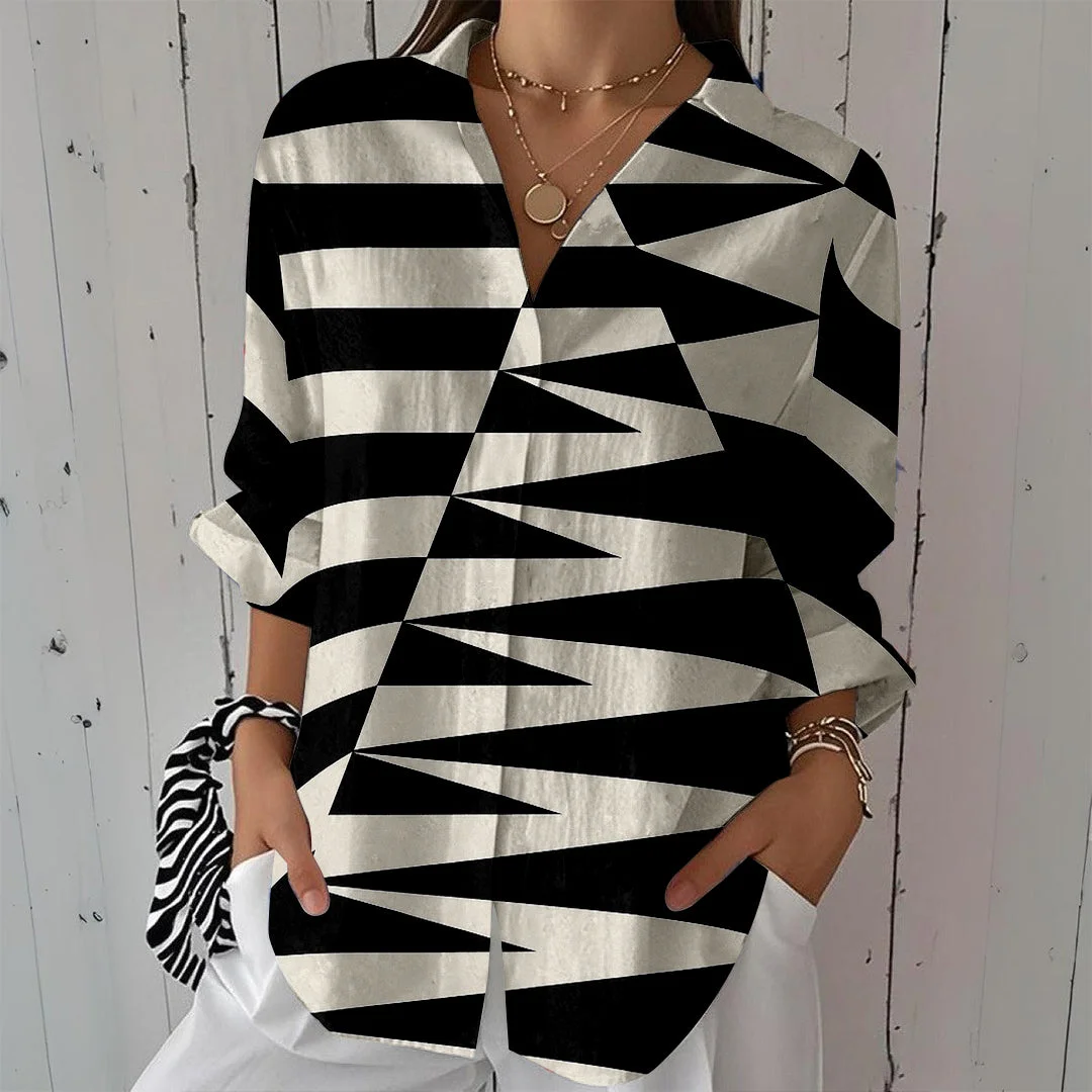 Style & Comfort for Mature Women Women Geometric, Black, White DZCL0215 3/4 Sleeve Shirt Collar Printed Button Tops