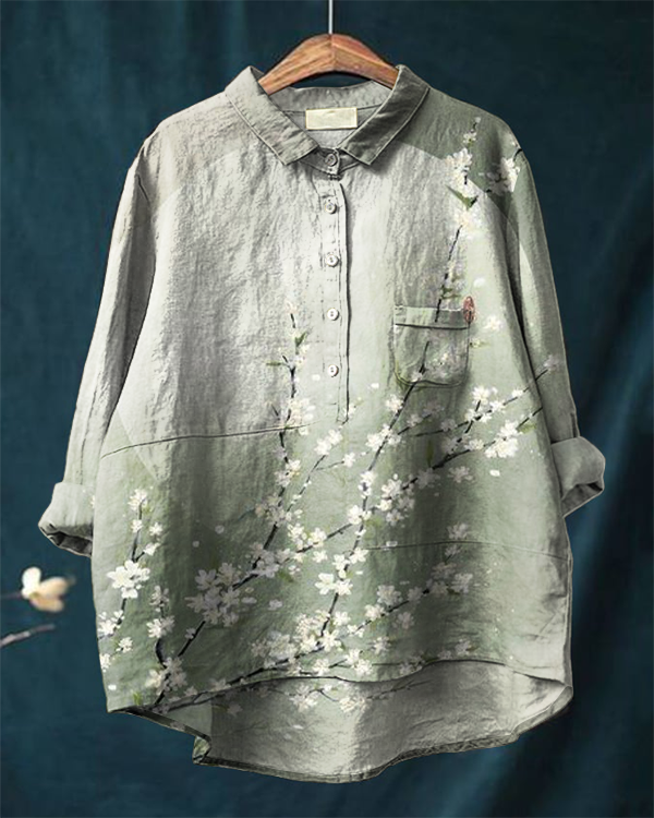 Japanese Art Print Casual Cotton and Linen Shirt