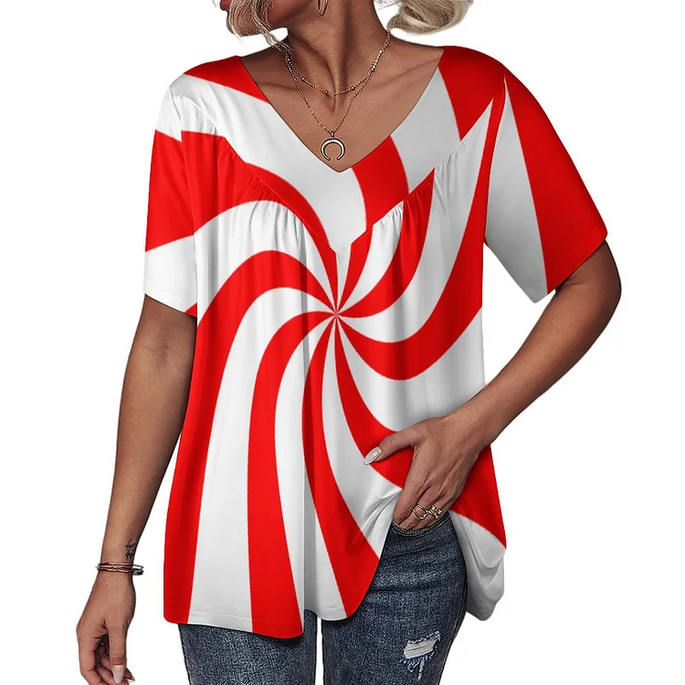 Big Red White Peppermint Candy Cane Christmas Women's Summer Shirred V Neck Tunic T-Shirt Loose Short Sleeves Tee Tops - Heather Prints Shirts
