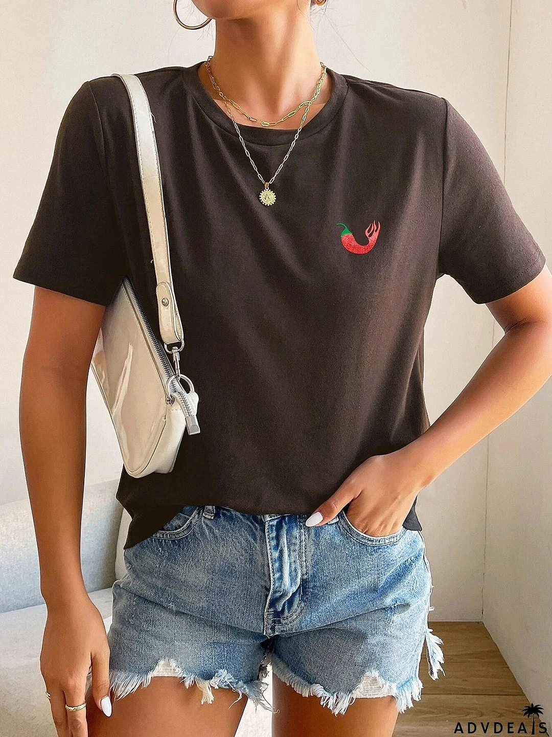Women's T-Shirts Short Sleeve Round Neck Chili Pepper Print T-Shirt