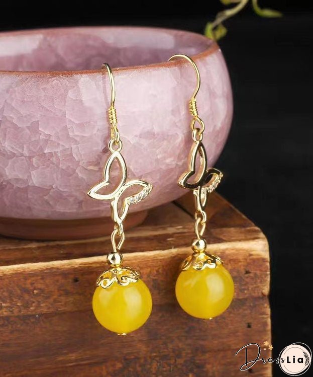 Retro Red Cinnabar Sterling Silver Overgild Zircon Drop Earrings