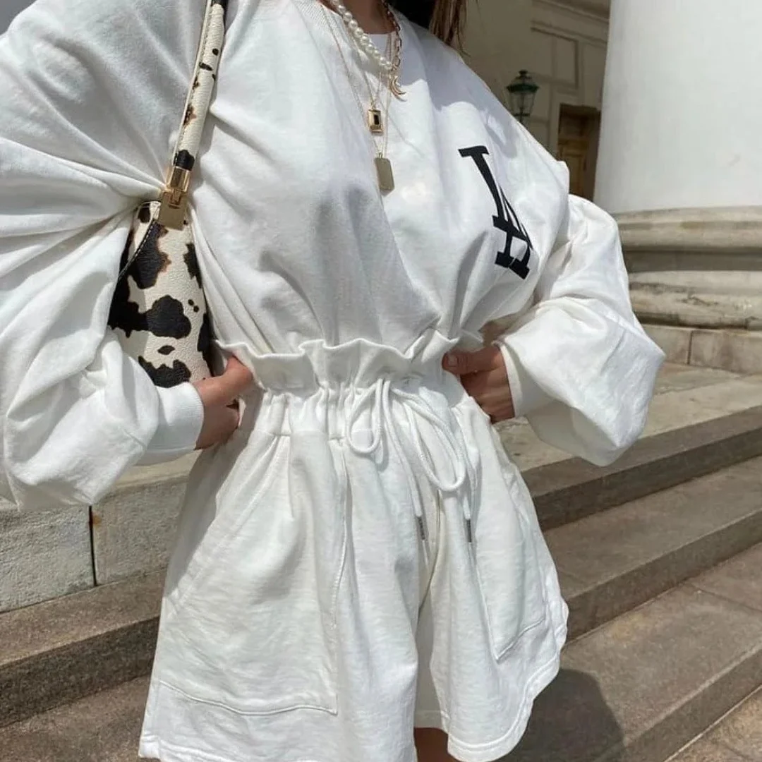 Women's Printed Loose Long Sleeve Shorts Fashion Casual Sweater 2 Piece Set