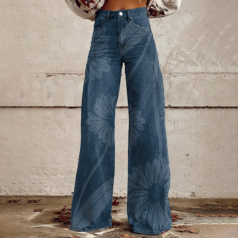 Comstylish Women'S Vintage Flowers Print Casual Wide Leg Jeans