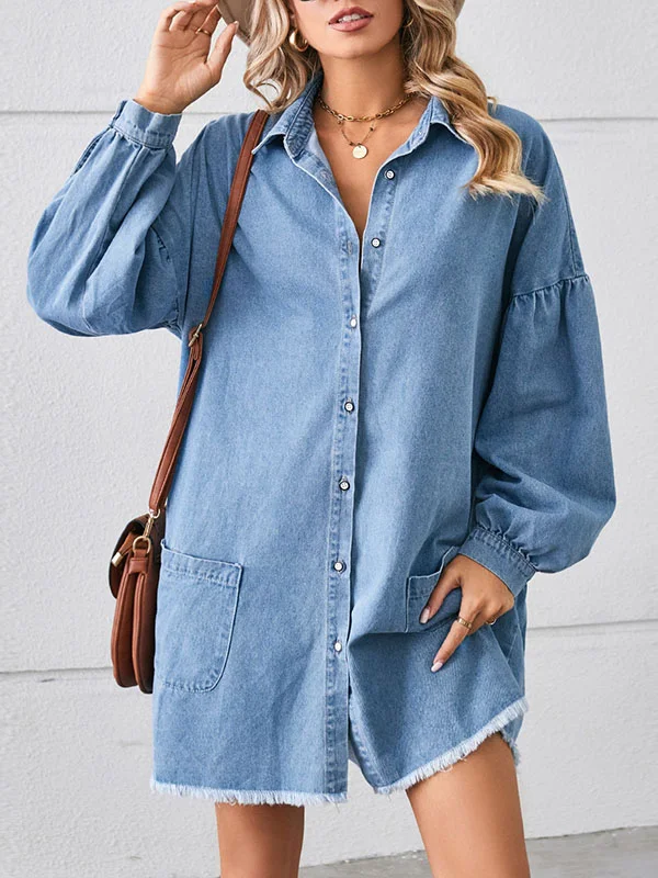 Split-Joint Pockets Pleated Fringed Buttoned Loose Long Sleeves Lapel Mini Dresses