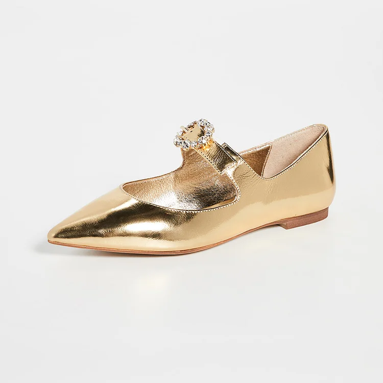Gold Pointed Toe Mary Jane Shoes Buckle Flats |FSJ Shoes