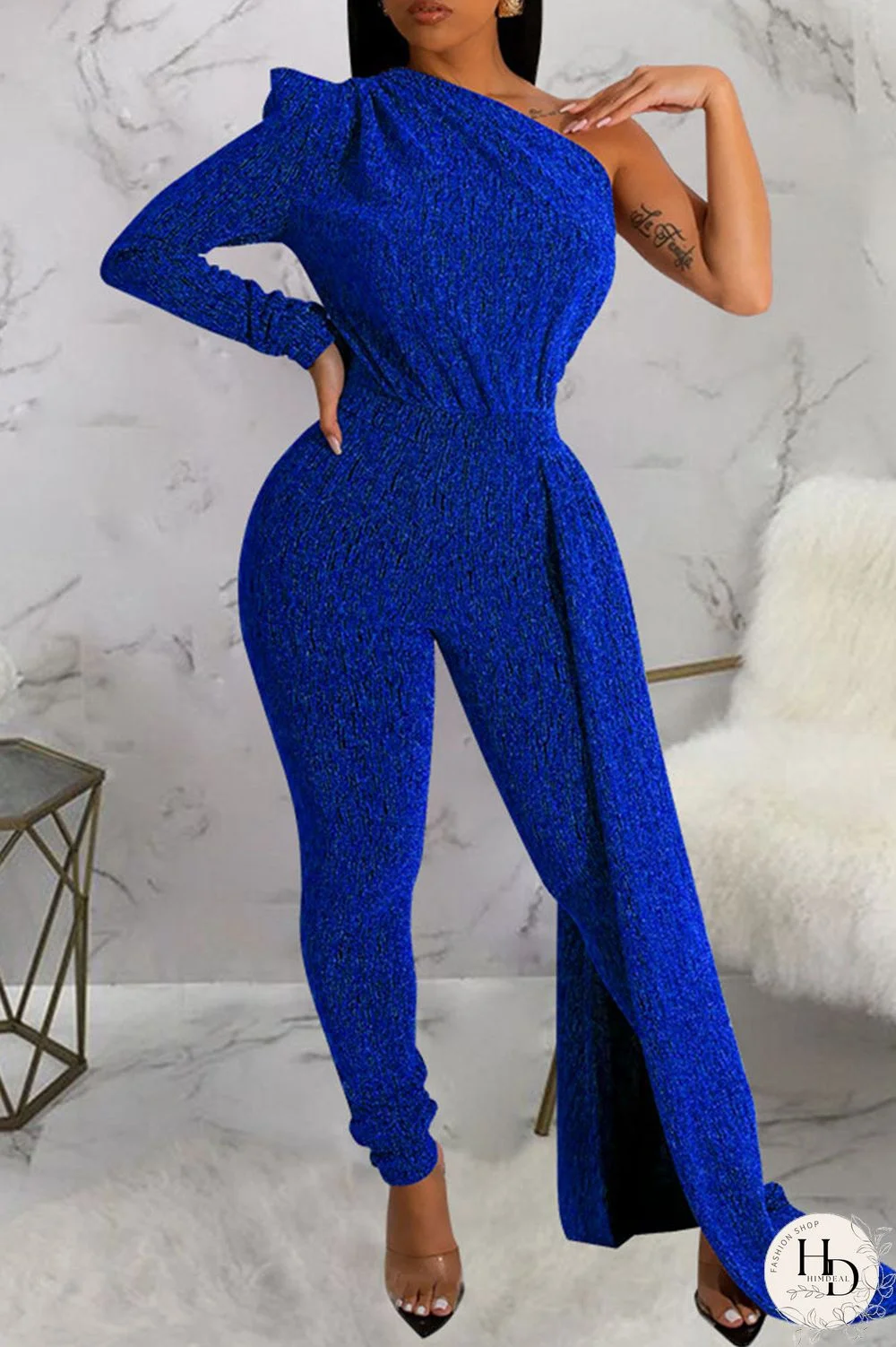 Silver Casual Solid Patchwork Oblique Collar Skinny Jumpsuits