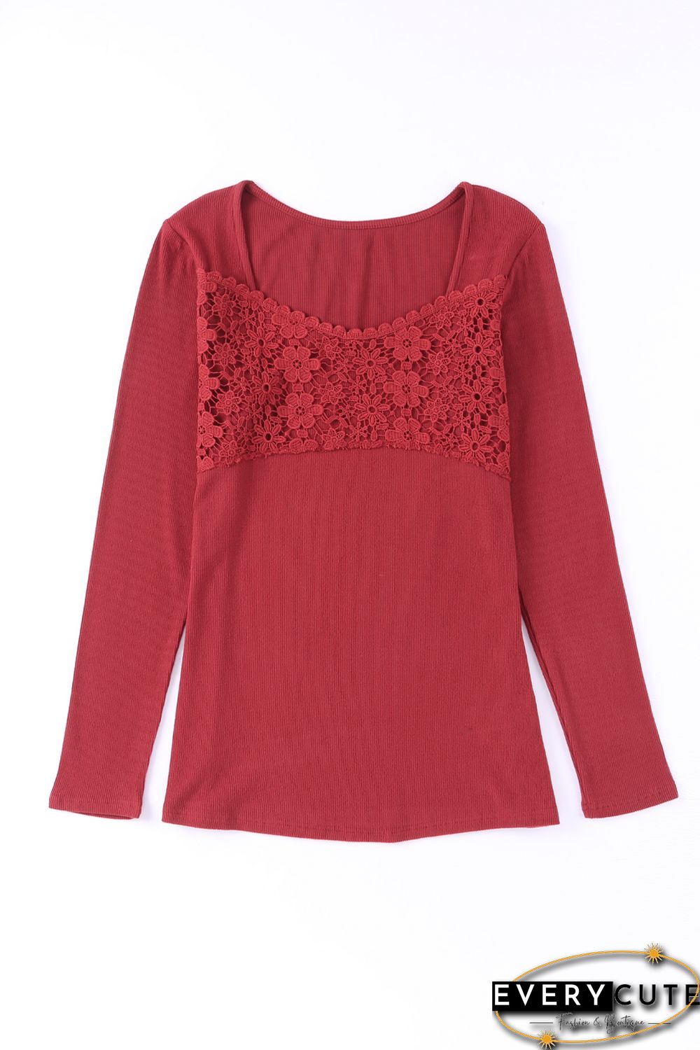 Red Lace Crochet V Neck Long Sleeve Top