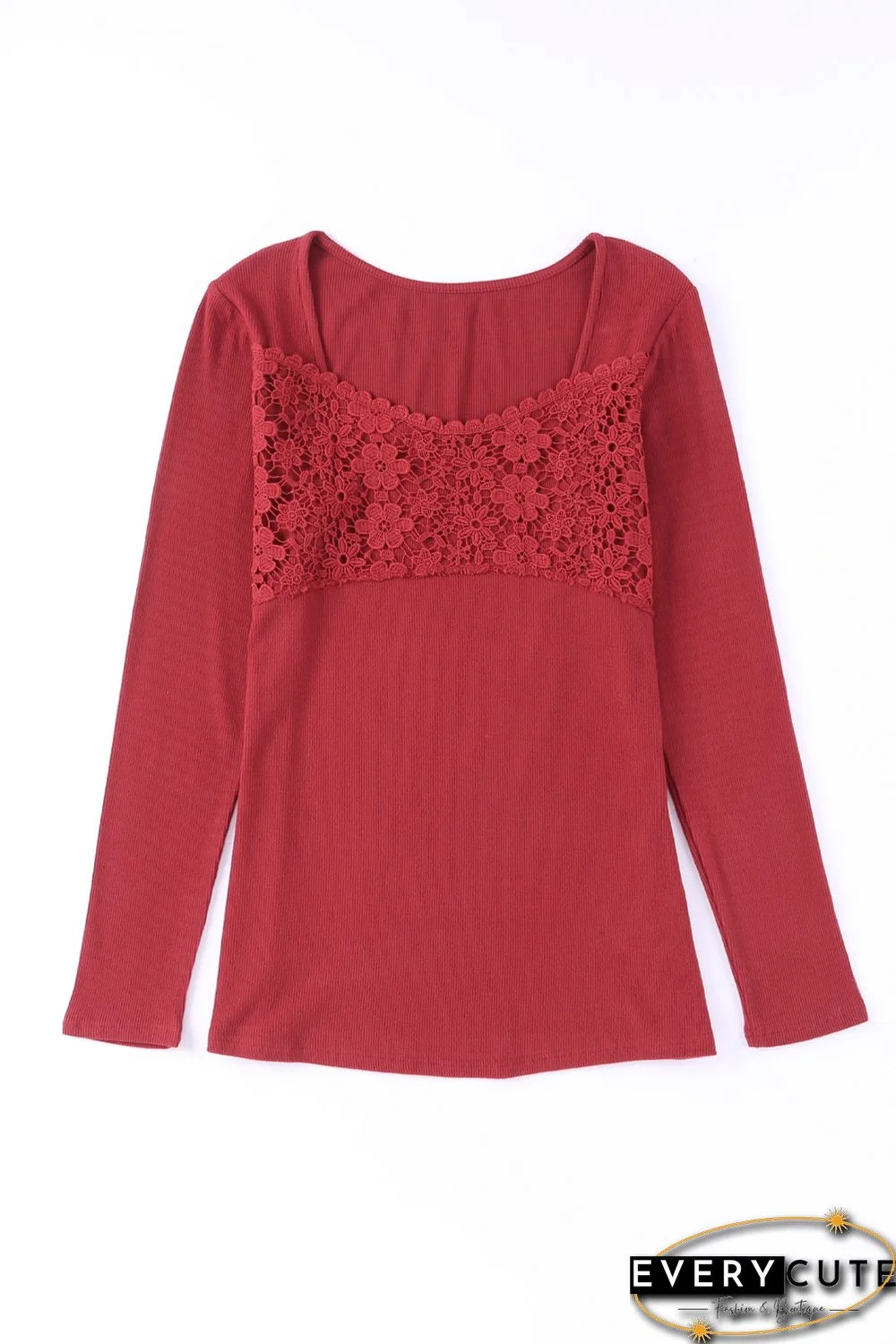 Red Lace Crochet V Neck Long Sleeve Top