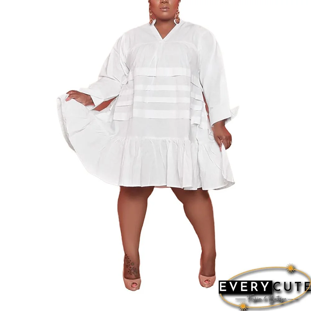 White Ruffle Hem Long Sleeve Plus Size Dress