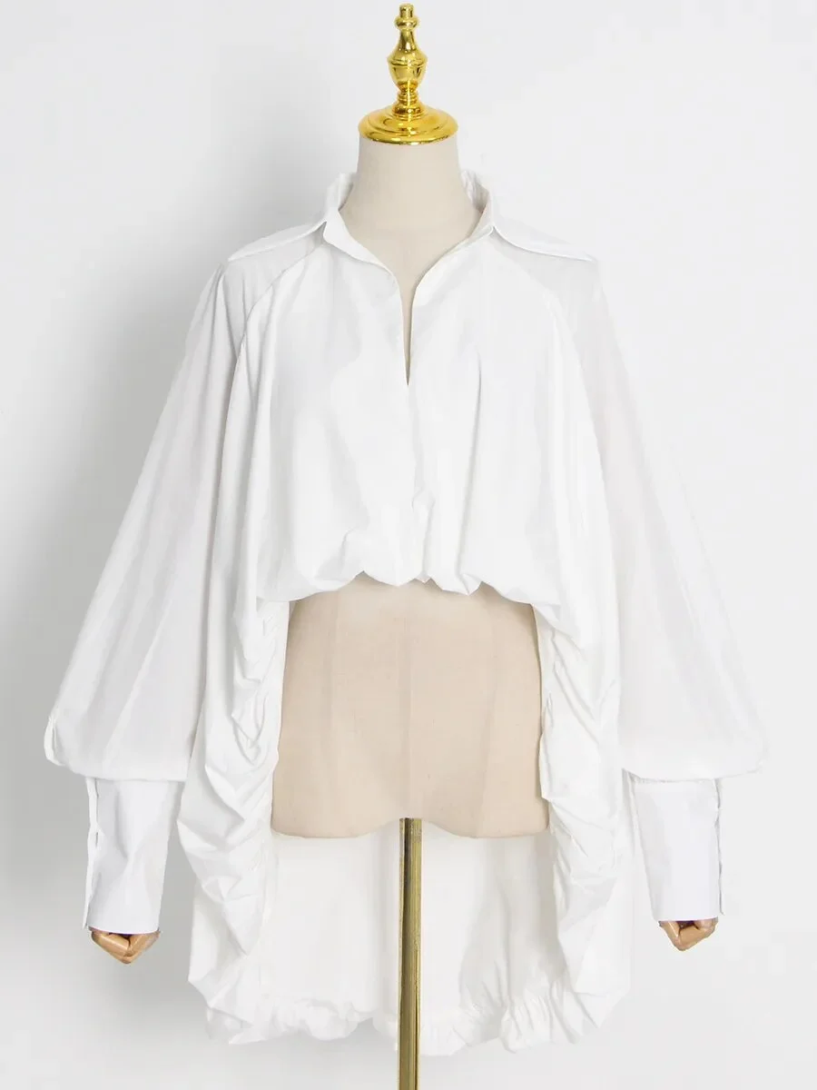 Jangj White Casual Irregular Hem Shirt For Women V Neck Bat Sleeve Solid Asymmetrical Blouses Female 2023 Autumn New Tide Tops