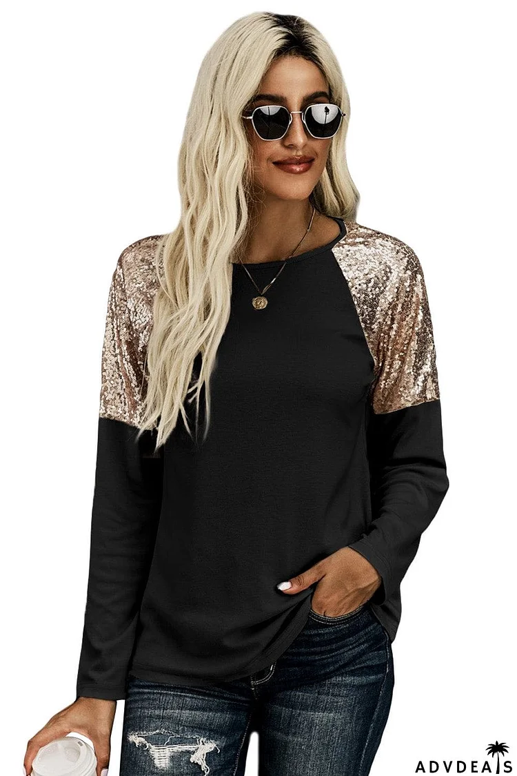 Sequin Shoulder Long Sleeve Top