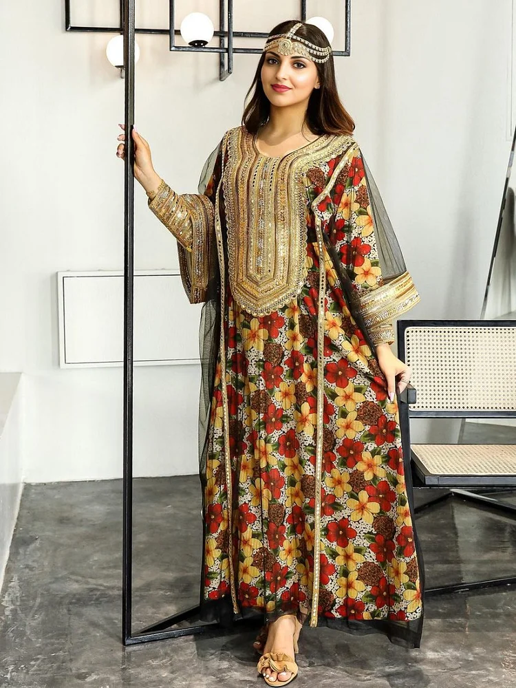 Floral Print Gold Thread Mesh Spliced Kaftan