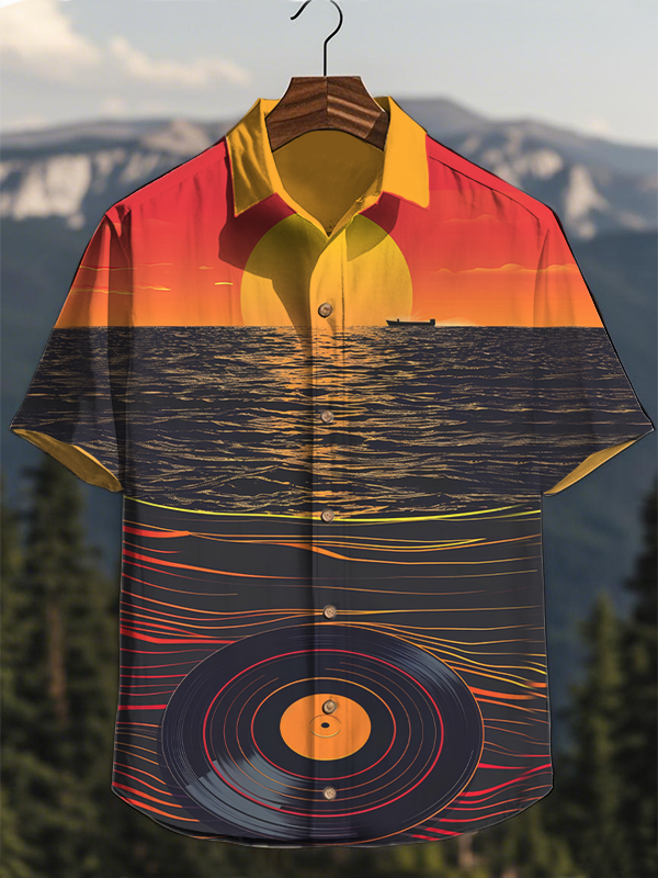 Men's Sunset Over The Sea Vinyl Records Art Print Short Sleeve Shirt