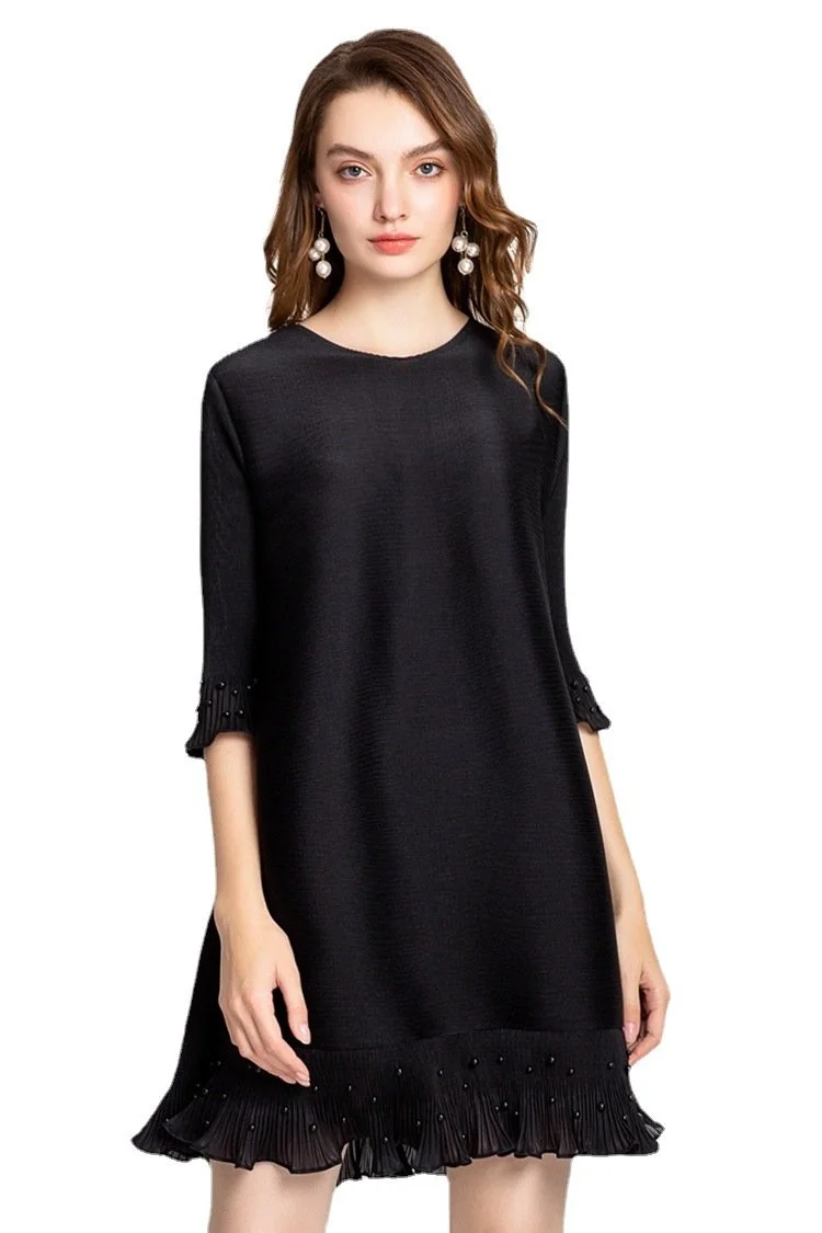 Round neck beaded pleated mid-length lace dress