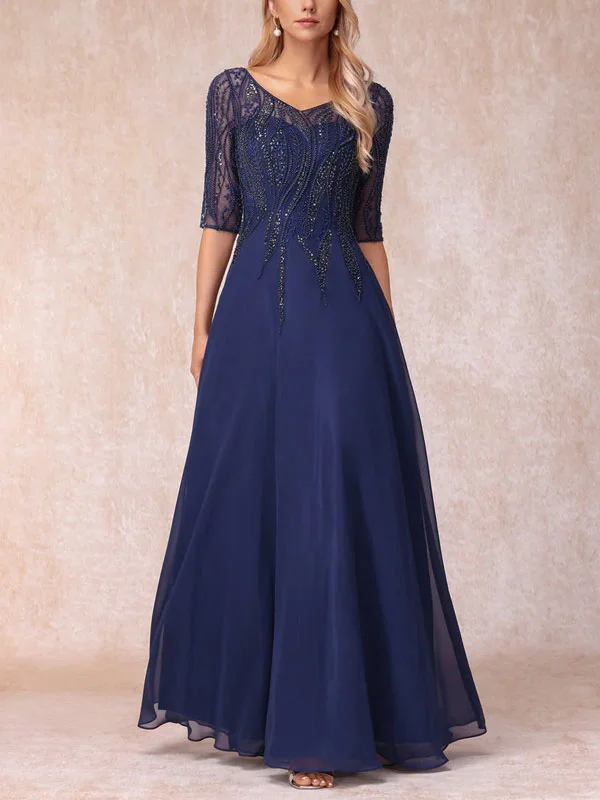 A-Line/Princess V-Neck Half Sleeves Long Formal Evening Dresses With Beading