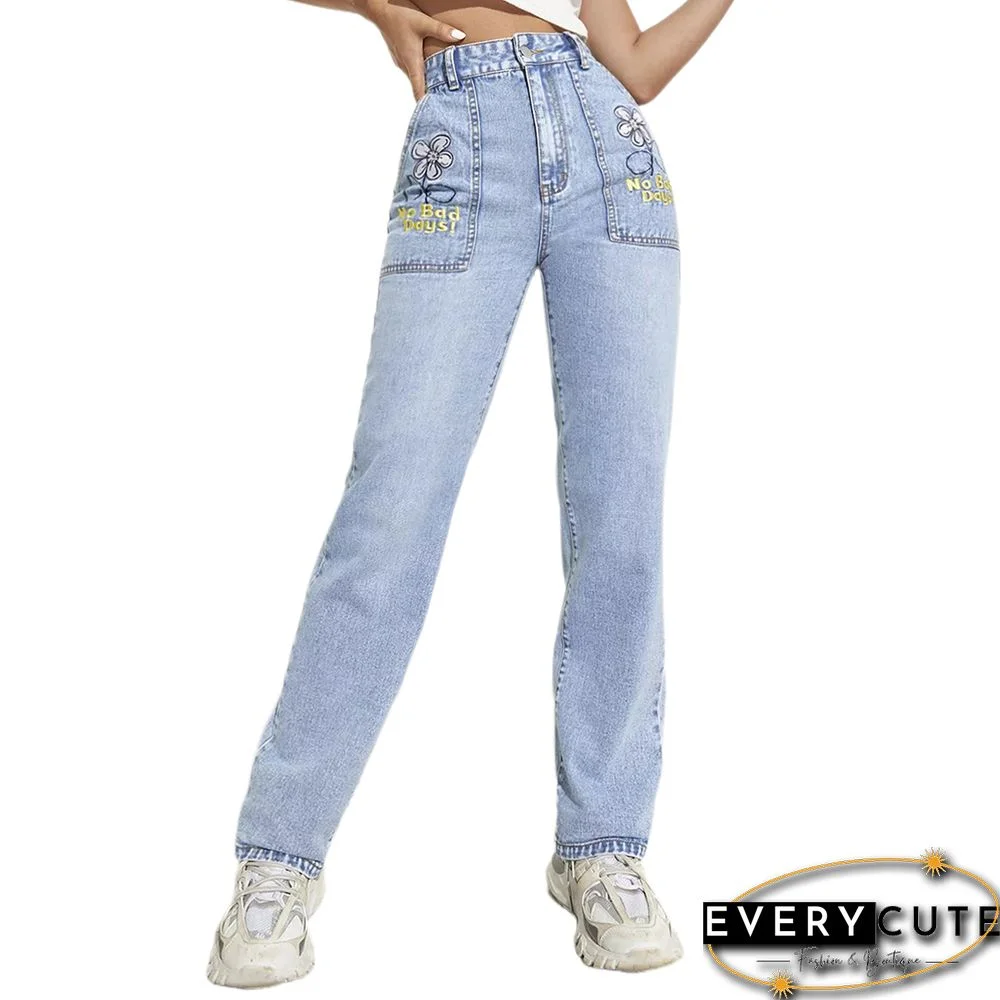 Light Blue High Waist Straight Leg Jeans