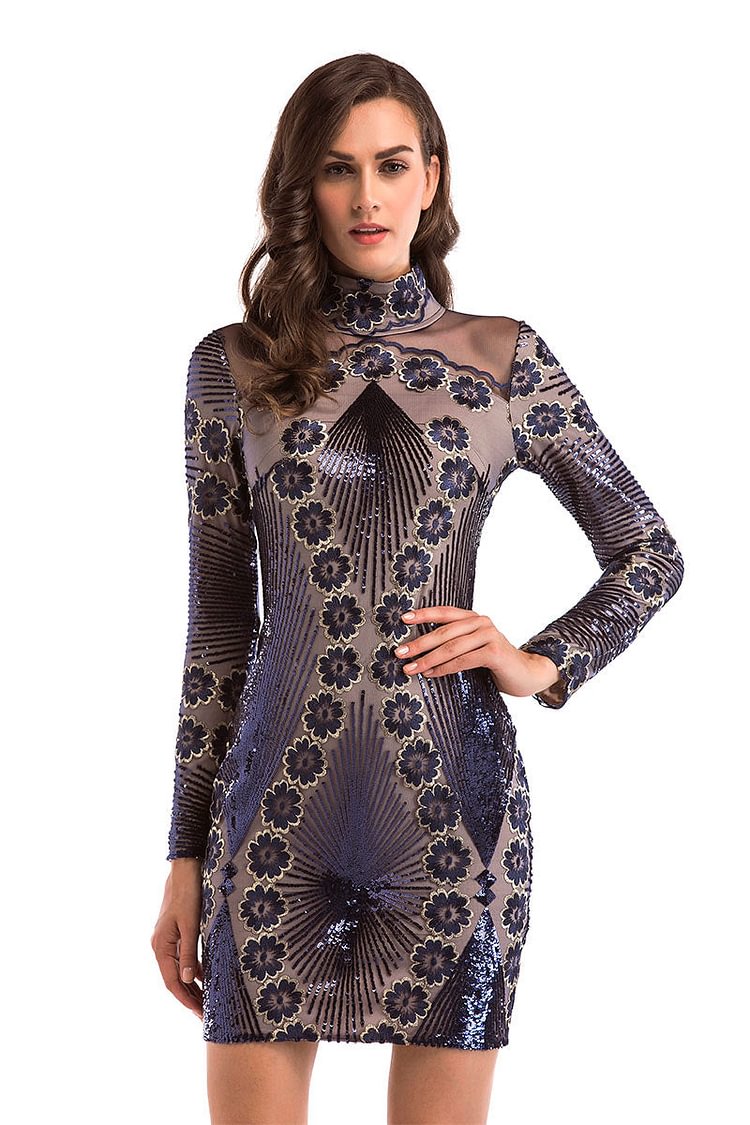 Dark Navy Embroidered Sequined Bodycon Dress With Long Sleeves - Life is Beautiful for You - SheChoic
