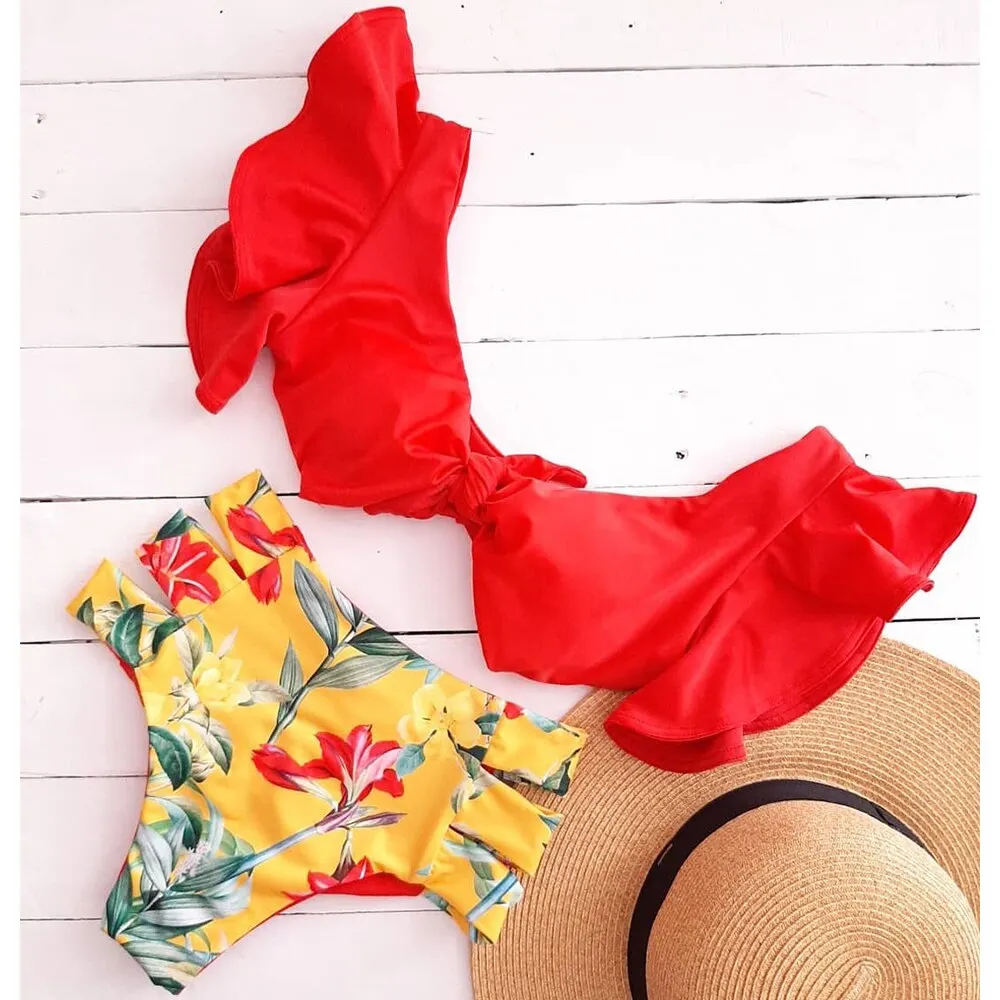2021 New Two-Pieces Women Floral Push-up Padded Bra Ruffles Bandage Bikini Set Swimsuit Swimwear Bathing Suit Beachwear Biquini