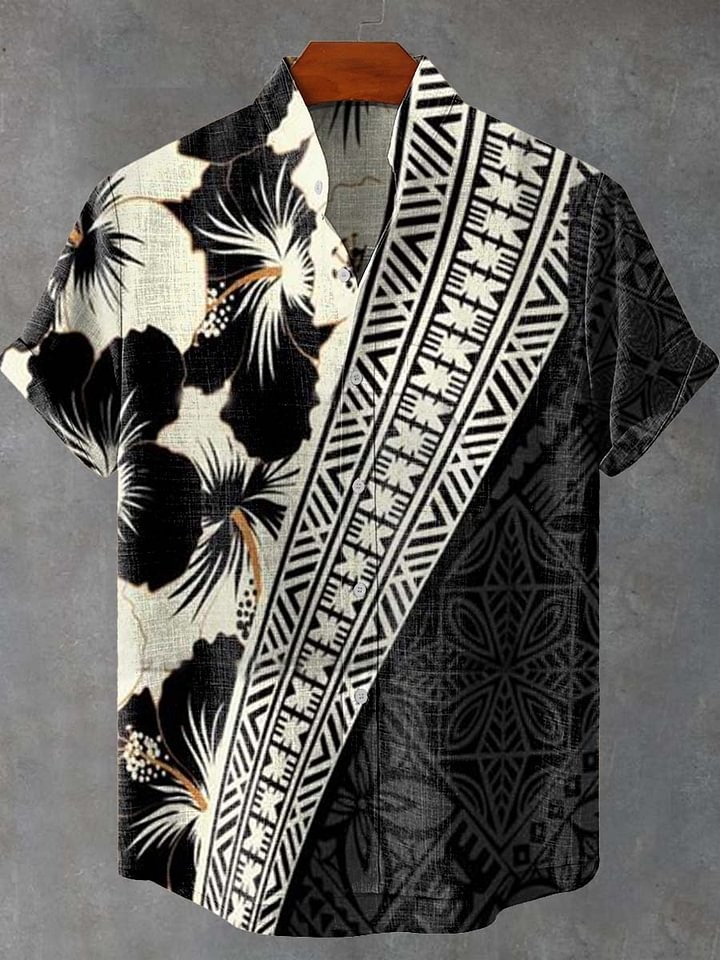 Black and White Hibiscus Ethnic Stripes Pattern Print Casual 100% Cotton Shirt