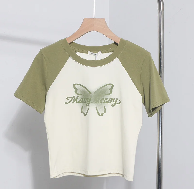 Uveng Retro Printed Short-Sleeved T-Shirt Women's Short-Coln High-Waisted Body Shirt 88899