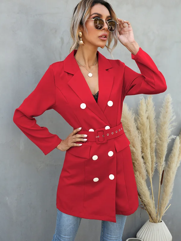 Women's casual lapel long button-down blazer (with belt) Flusfy