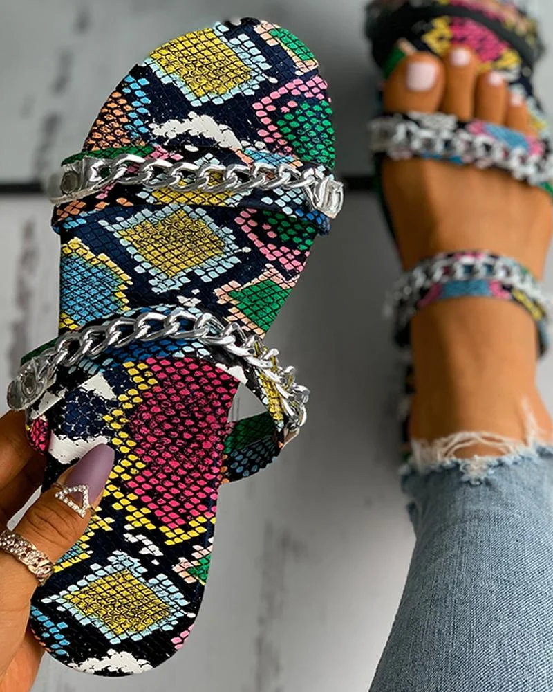 Snakeskin Chain Decor Double Strap Slippers