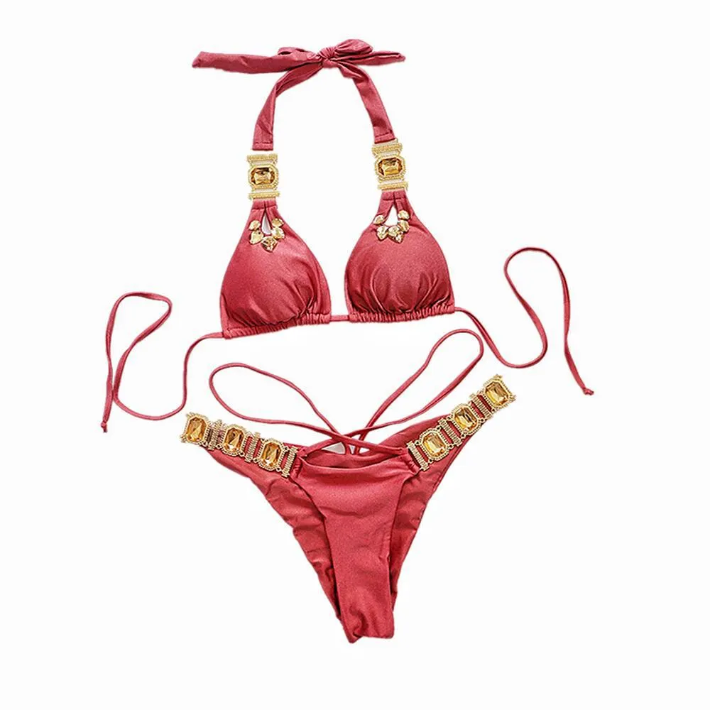 Uveng Uveng New Bikini Sexy Crystal Diamond Swimsuit Bandage Split Vintage Swimsuit Woman
