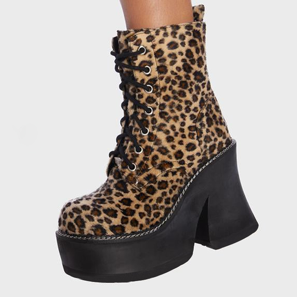 Chic Leopard Print Round Toe Chunky Heel Lace Up Boots with Platform Nicepairs