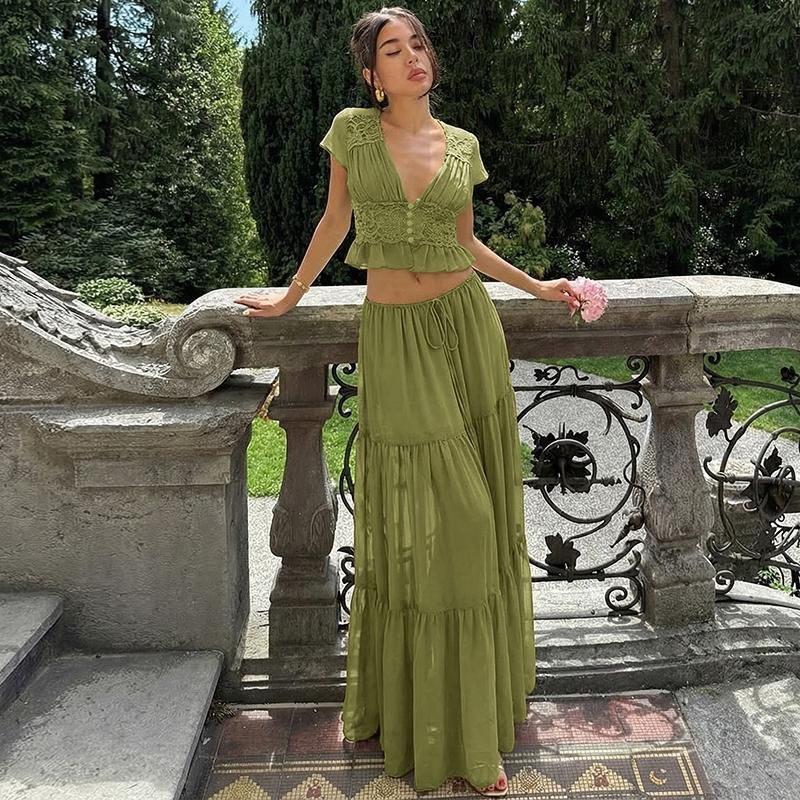 Women Summer Short Sleeve V Neck Tops Long Skirt Beach Vacation Chiffon Two Piece Set Outfit Women Summer Short Sleeve V Neck Tops Long Skirt Beach Vacation Chiffon Two Piece Set Outfit