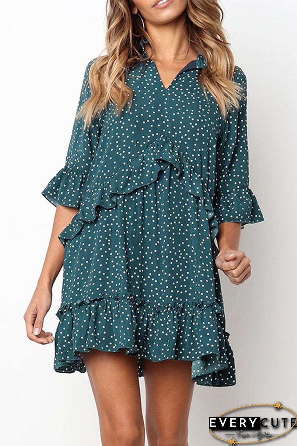 Fashion Casual Polka Dot Split Joint V Neck Princess Dresses