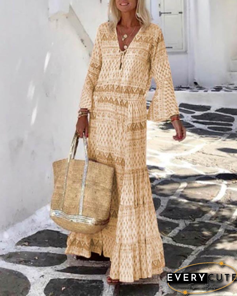 Bohemian Holiday Ruffle Printed Flare Sleeve Lace up Maxi Dress