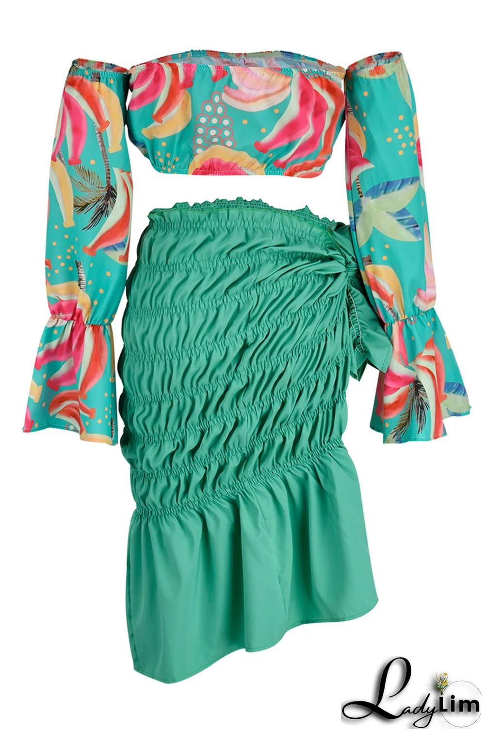 Orange Fashion Sexy Print Backless Slit Off the Shoulder Long Sleeve Two Pieces