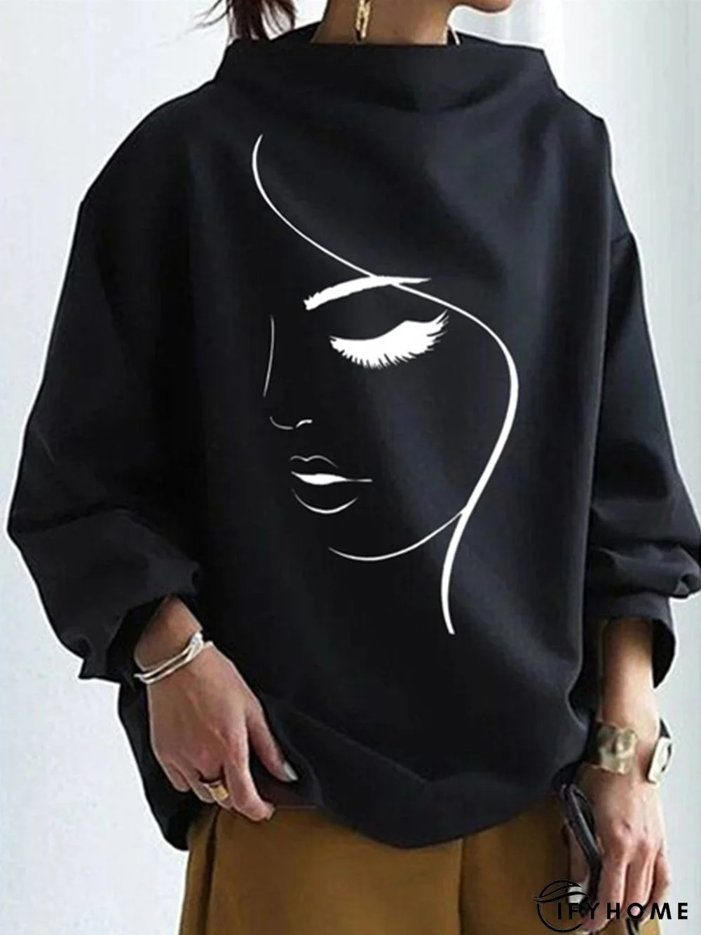 Loose Casual Half Turtleneck Abstract Figure Sweatshirt | IFYHOME