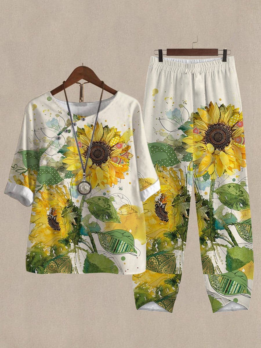 Vintage Sunflower Print Loose Fit Casual Two Piece Suits