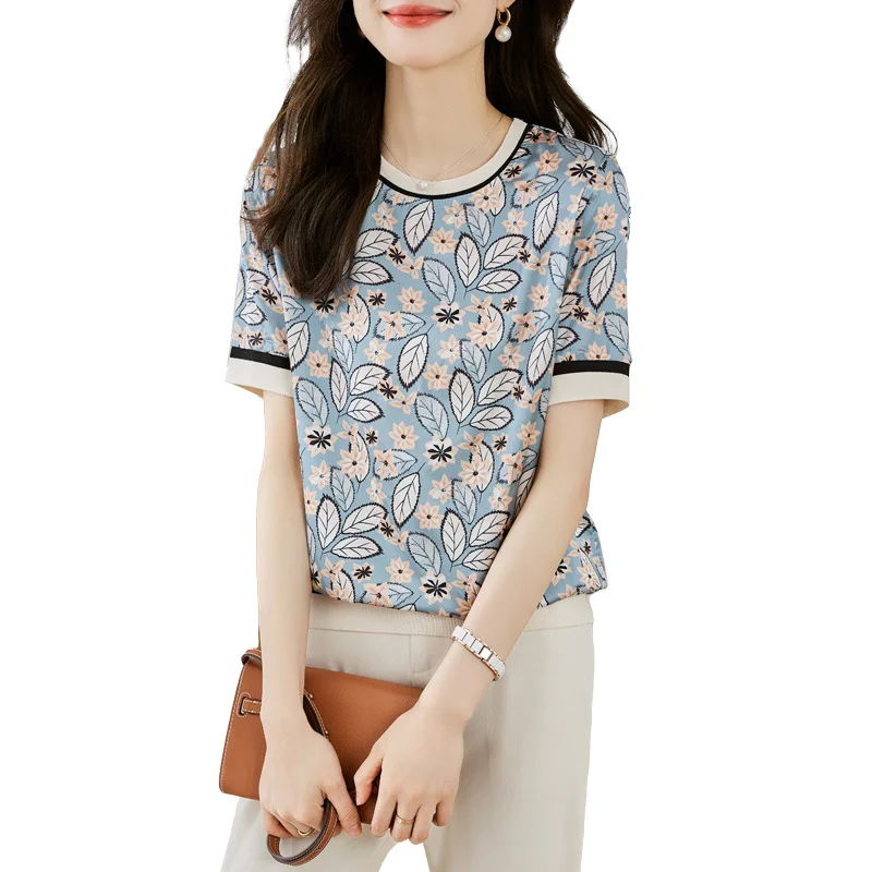 Toloer Toloer Shot Jacket Female Round Collar Short Sleeve 2023 Summer New Show Thin Print Simulation Silk Zou Temperament Half Sleeve T-Shirt-Outfit Ideas