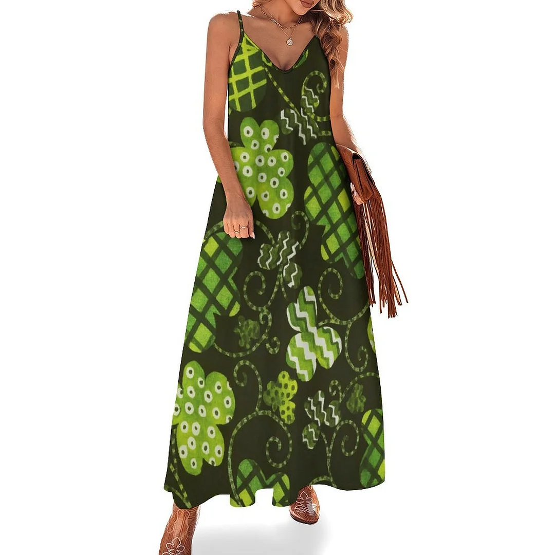 Style & Comfort for Mature Women Plus Size Printed Sling Casual Women Maxi Dress in Pattern St. Patrick's Day, Green, Clover, Lucky