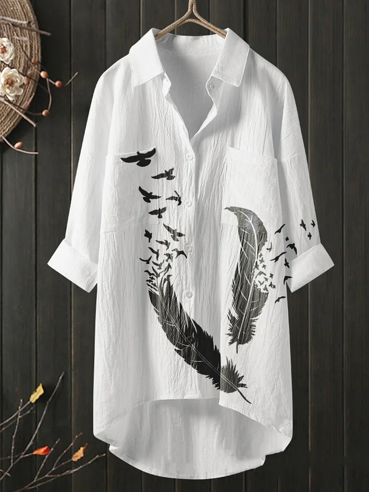 Ladies feather print casual temperament shirt top