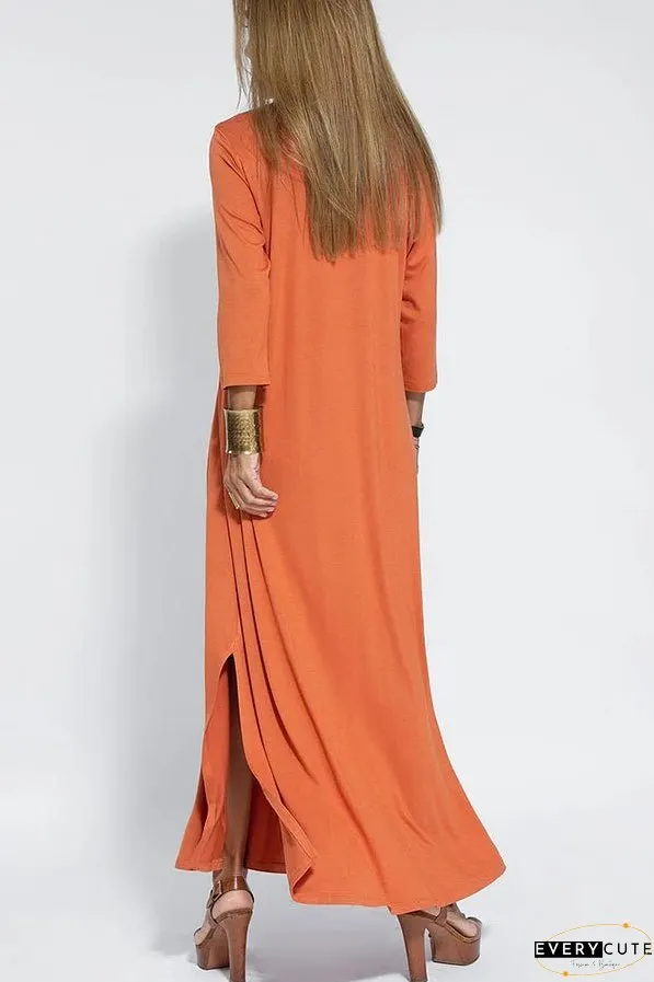 Women Casual V Neck Solid Color Maxi Dress