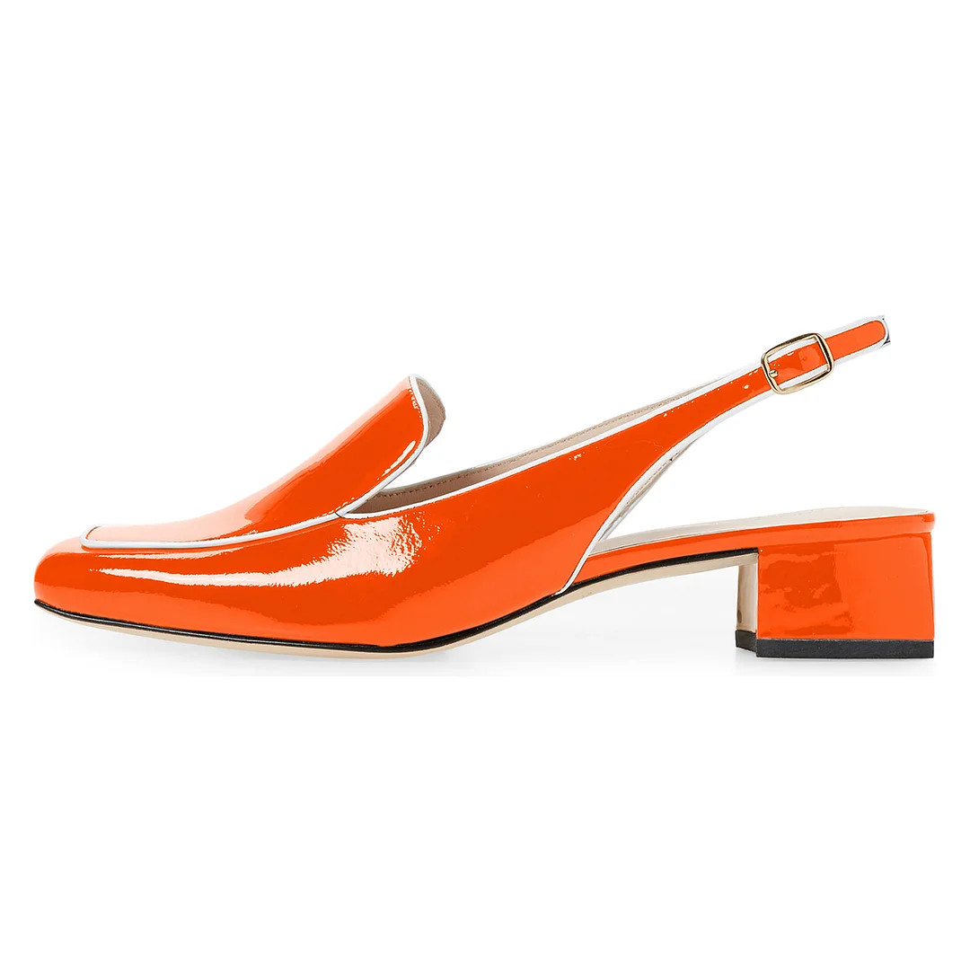 Women's Shiny Orange Patent Leather Slingback Loafers with Block Heels