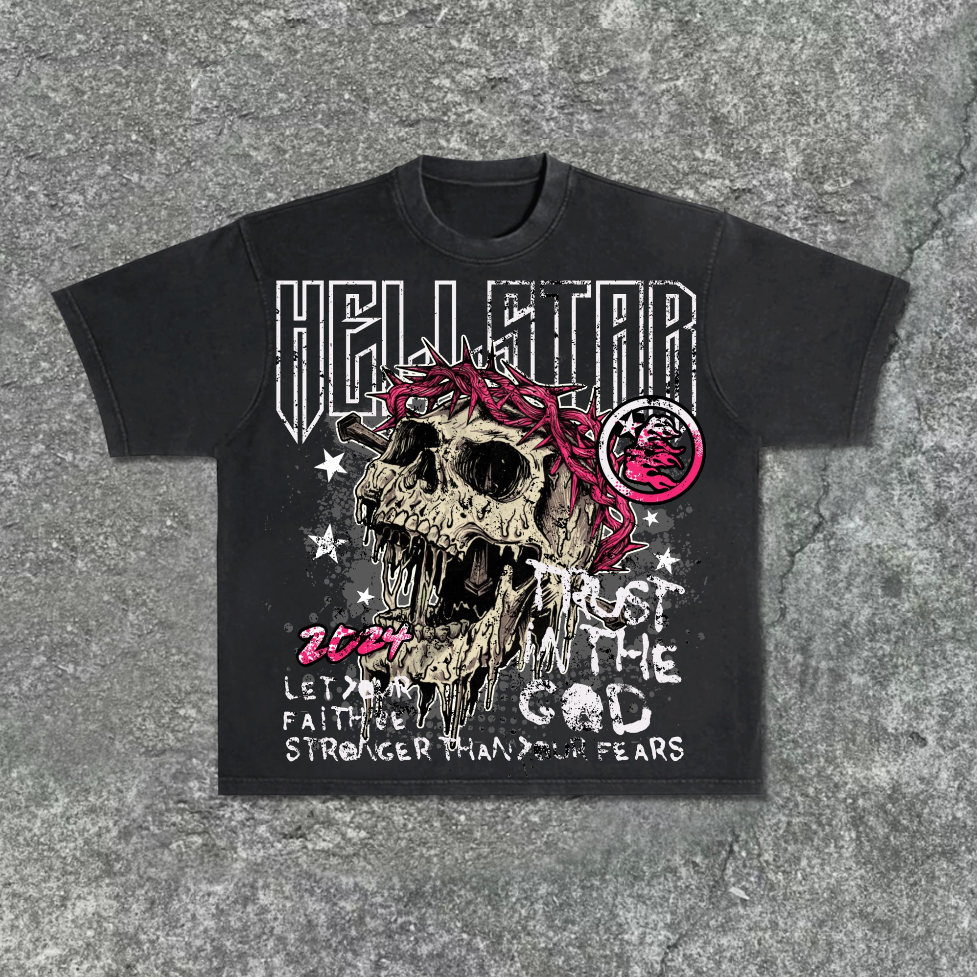 Sopula Hellstar-2024 Trust In The God-Skull Print Acid Wash T-Shirt