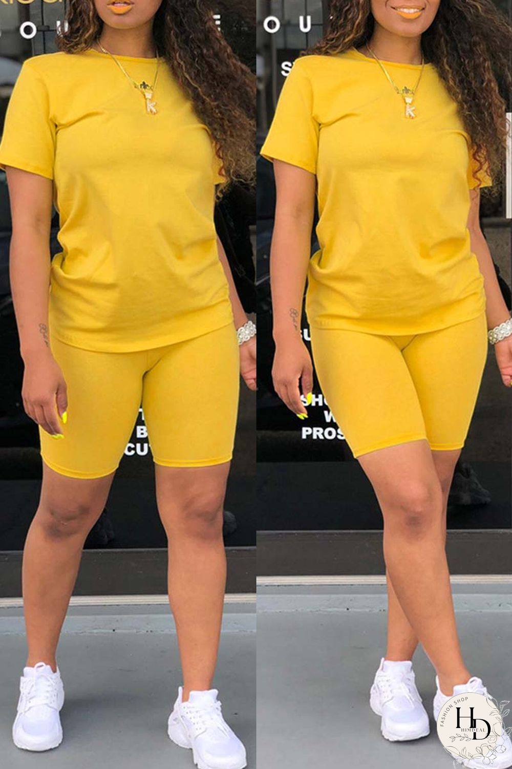 Yellow Casual Solid Basic O Neck Short Sleeve Two Pieces