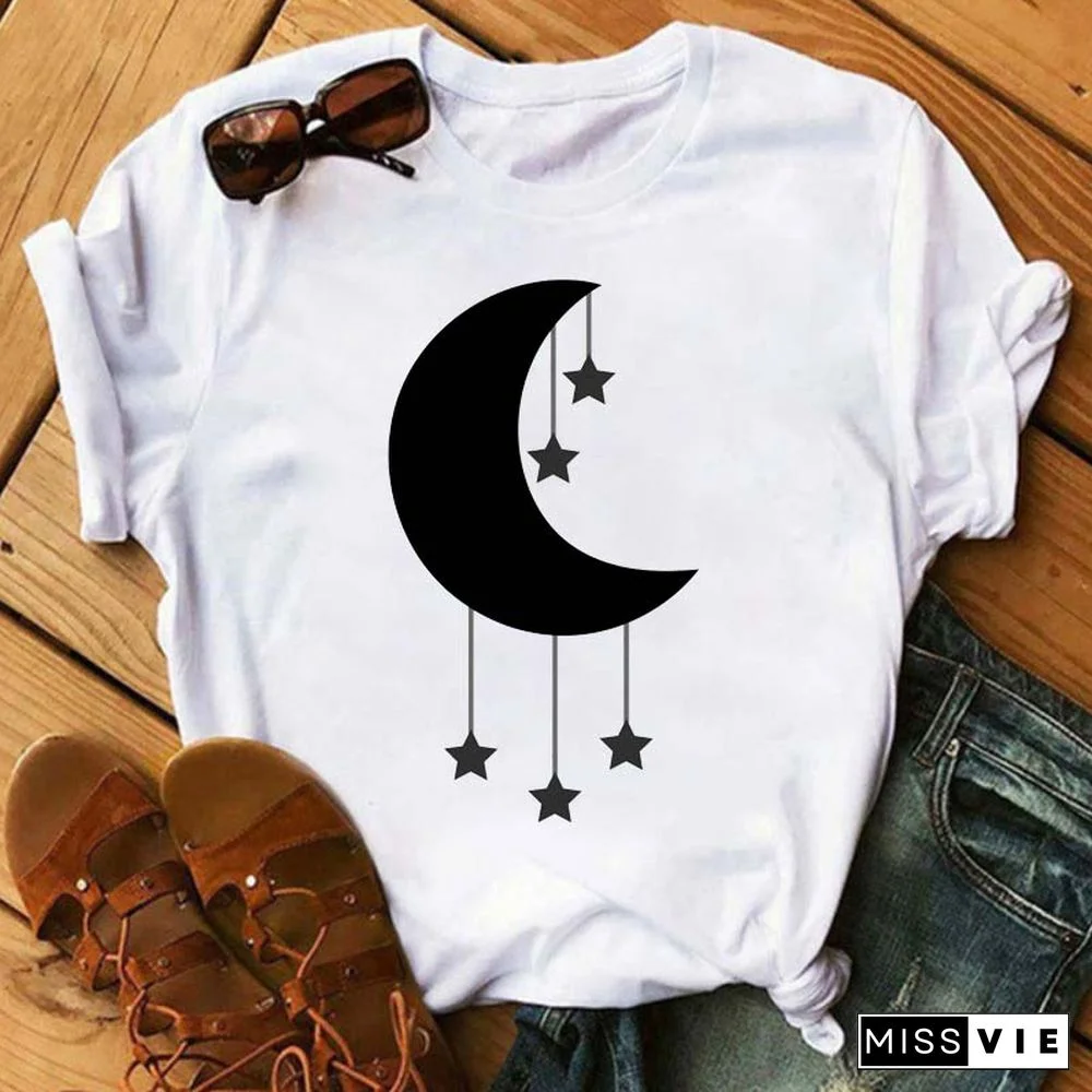 Maycaur Women Harajuku T Shirt New Moon Star Printed T Shirt O-Neck Summer Short Sleeve Tees Women Clothes Graphic T Shirts