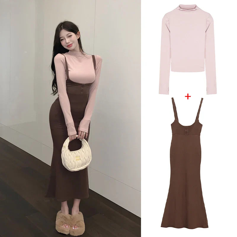 Aiertu DRESS TO IMPRESS Street Sexy Suspender Dress Women Autumn Winter Waist Tight Spice Girl Mermaid Skirt Bottom Long Sleeve T-Shirt 2 Piece Set Aiertu