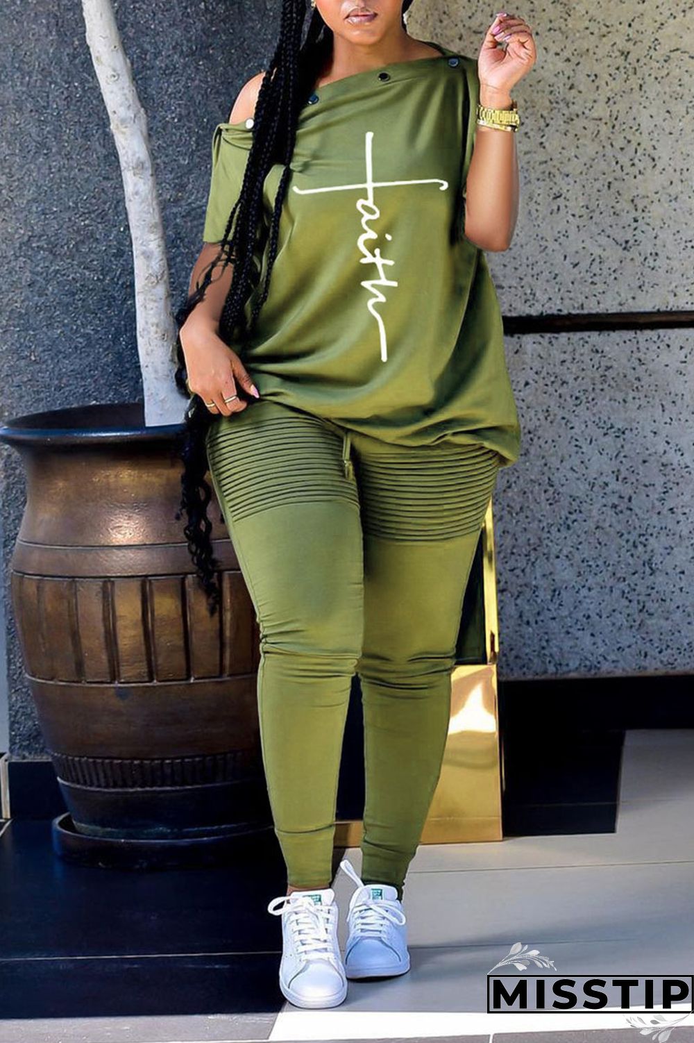 Army Green Casual Print Patchwork Oblique Collar Short Sleeve Two Pieces