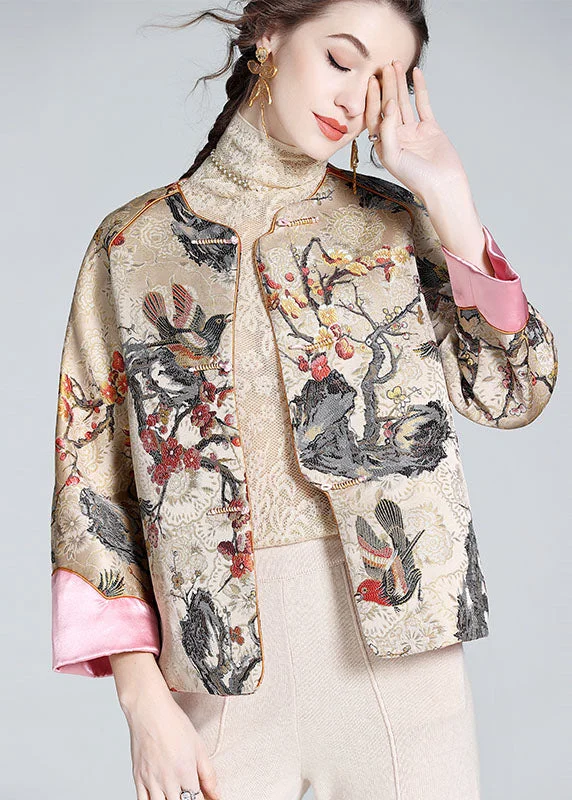 DIY Apricot O-Neck Embroideried Patchwork Chinese Button Silk Coats Spring