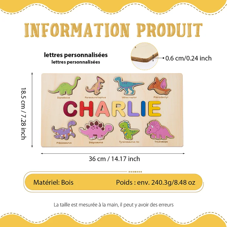 Puzzle personnalisé prenom, Apprentissage des lettres, Puzzle en bois