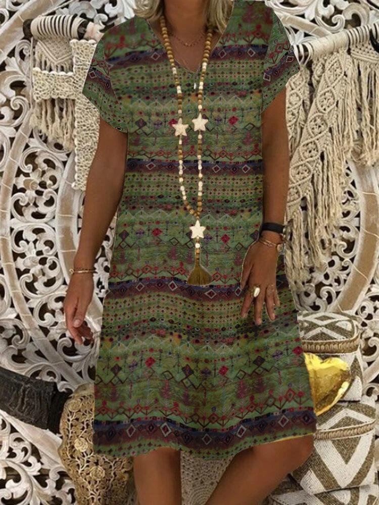 Women's V-neck Floral Printed Short Sleeve Mini Dress